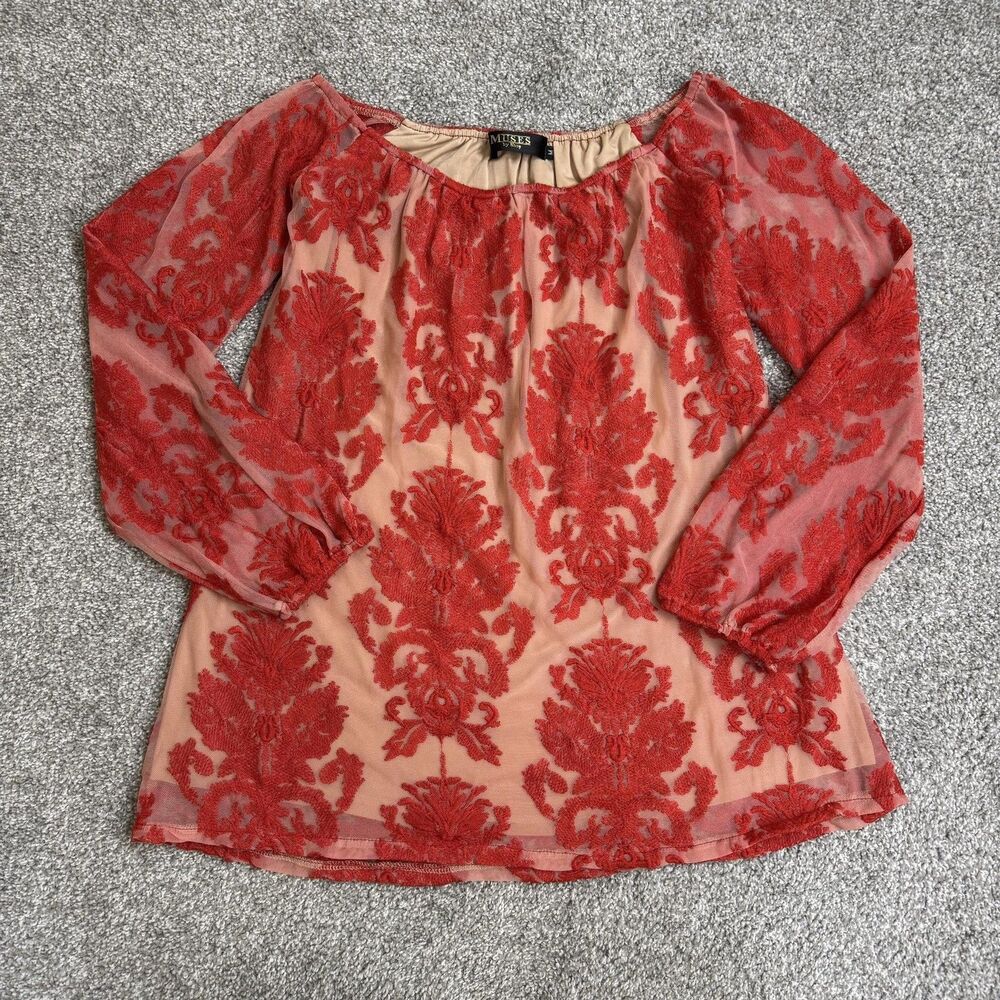 Muses By Shop Blouse Womens Medium Red Embroidered Sheer Romantic Party Date Top